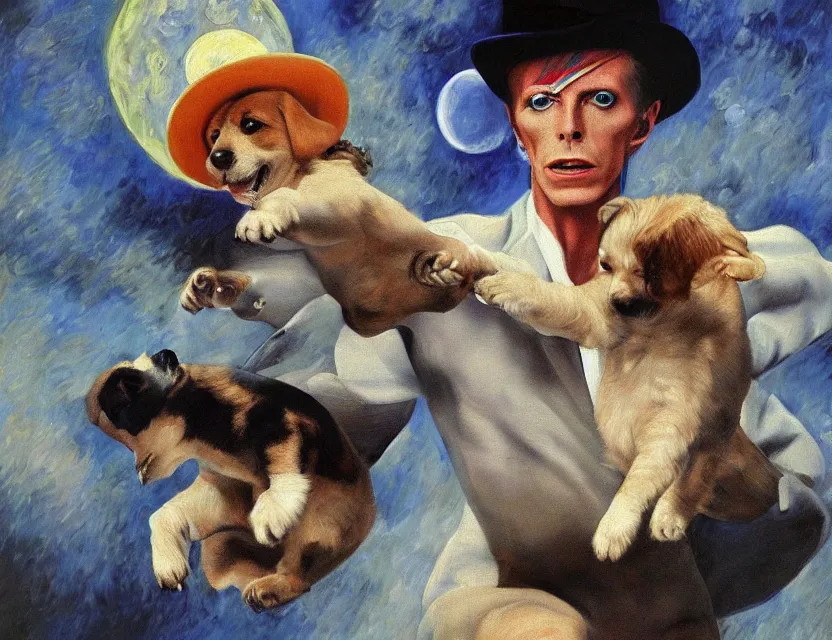 Image similar to an oil painting of david bowie wearing a fedora, kicking a puppy on the moon. painted by monet. baroque elements. baroque element. intricate artwork by caravaggio. oil painting. oil on canvas. award winning. dramatic. trending on artstation. 8 k