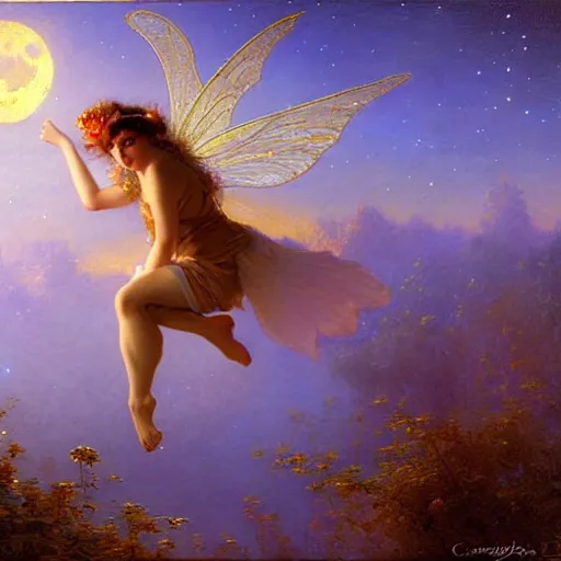 Image similar to attractive fairy magically floating high in the night, fantasy, full moon in background. highly detailed painting by gaston bussiere, craig mullins, j. c. leyendecker, sharp focus, 8 k