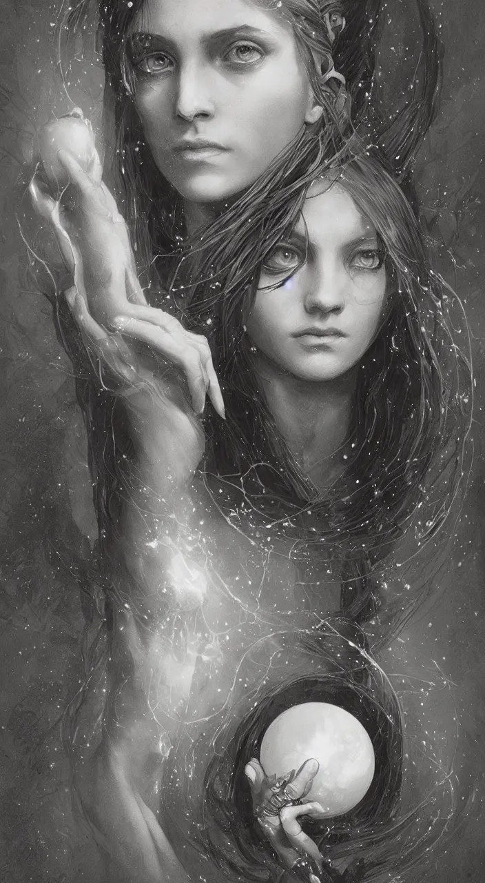 Prompt: portrait of a young witch with a crystal ball, true anatomy, detailed face, highly detailed, by greg rutkowski