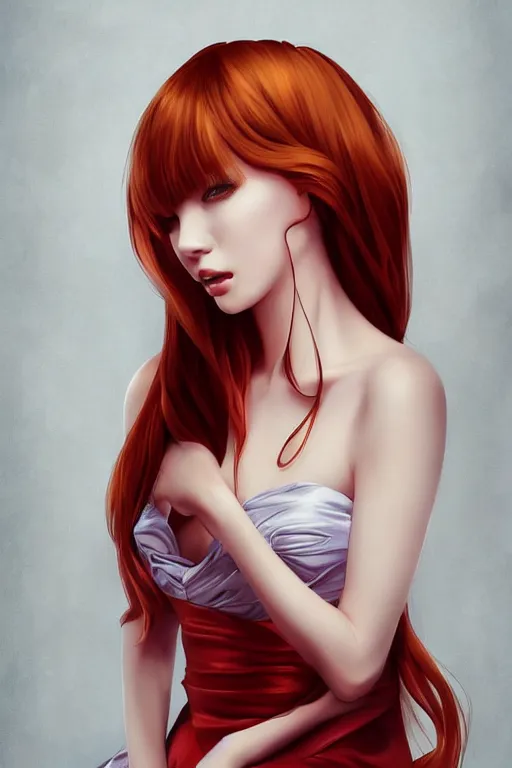 Prompt: Beautiful ginger portrait, satin dress by Artgerm and WLOP, Pixiv