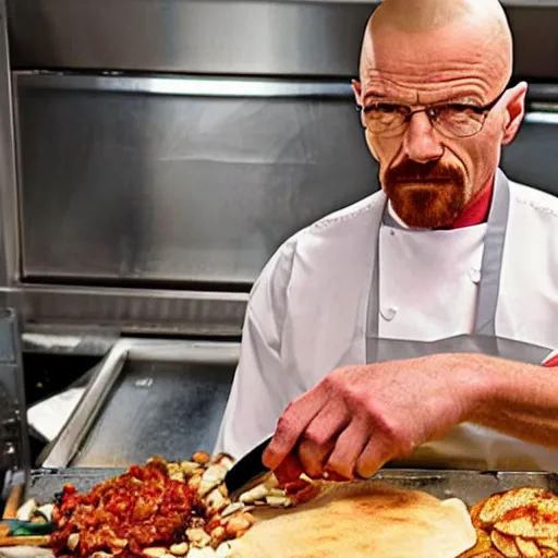 Image similar to walter white as a kebab seller kebab cutting meat