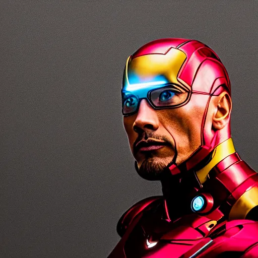 Prompt: dwayne johnson as ironman, photography, headshot, headpiece, female character, canon eos r 3, f / 1. 4, iso 2 0 0, 1 / 1 6 0 s, 8 k, raw, unedited, symmetrical balance, in - frame