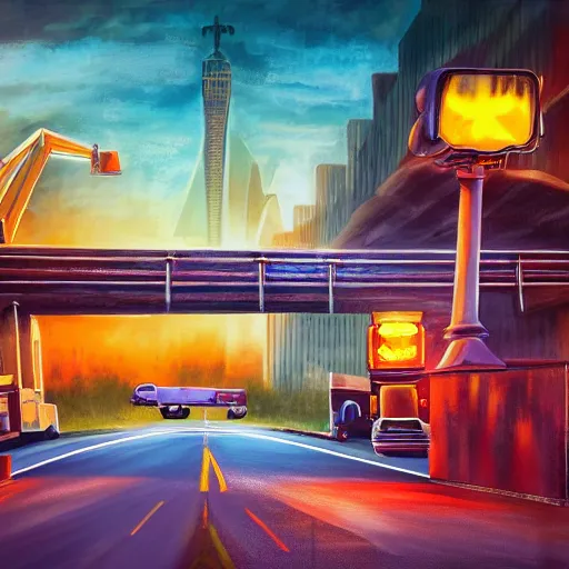 Prompt: ups deliveryman drived ups truck down art deco highway, goliath statue support beams, ayn rand raised highway, filiment buld traffic lights, golden light, dark oil painting, global illumination