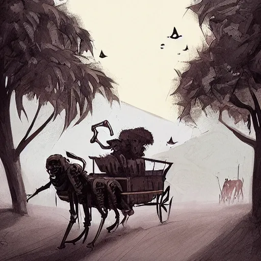 Prompt: The drawing features a human figure driving a chariot. The figure is skeletal and frail, with a large head and eyes. The chariot is pulled by two animals, which are also skeletal and frail. in the Central African Republic by Atey Ghailan unified
