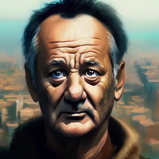 Image similar to closeup portrait of bill murray as cesar, city background, dramatic light, gorgeous view, depth, high detail, digital art, painted by greg rutkowski, trending on artstation