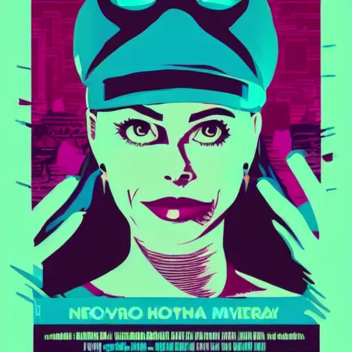 Prompt: a horror movie poster, staring Sofía Vergara as the heroine, neighborhood themed, synthwave, cyberwave, by Tom Whalen