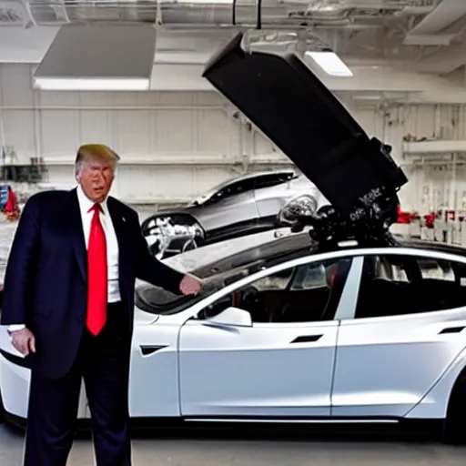 Prompt: Donald Trump building a Tesla and complaining