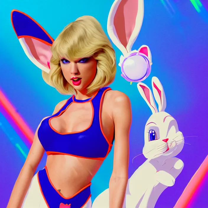 Image similar to portrait of Taylor Swift as Lola Bunny in Space Jam 1996. bunny ears. intricate abstract. intricate artwork. by Tooth Wu, wlop, beeple, dan mumford. octane render, trending on artstation, greg rutkowski very coherent symmetrical artwork. cinematic, hyper realism, high detail, octane render, 8k, iridescent accents