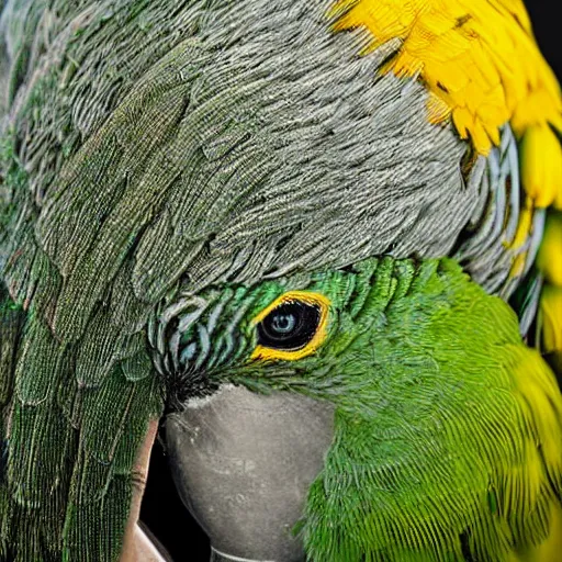 Image similar to closeup wet plate photograph of a double yellow - headed amazon parrot, daguerreotype, collodion photography, studio lights, eye catching, exaggerated texture, colorized