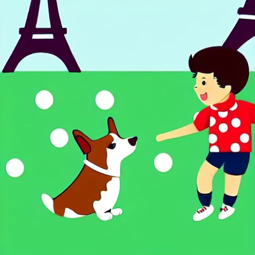 Image similar to illustration of french boy playing football with a corgi wearing a polka dot scarf in paris