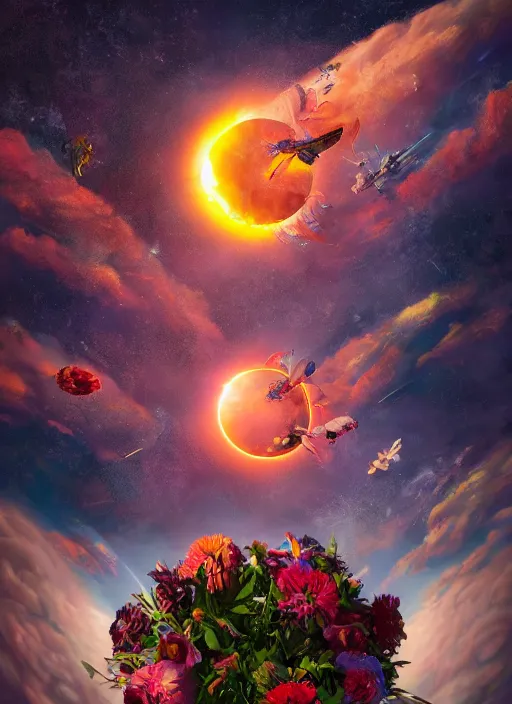 Image similar to An epic fantastic realism comic book style painting of the most beautiful flowers launched into space, bouquets, solar eclipse, fisheye, unreal 5, DAZ, hyperrealistic, octane render, dynamic lighting