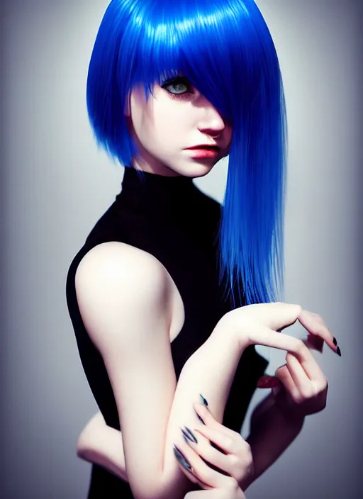 Image similar to hyper realistic photograph portrait of pretty girl with blue hair, wearing a little black dress, dramatic lighting by ilya kuvshinov