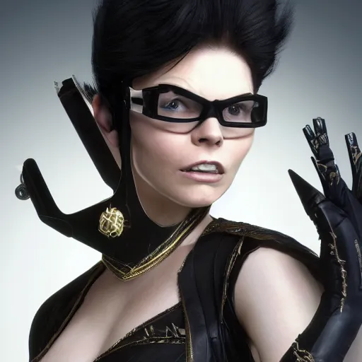 Image similar to a young myanna buring as bayonetta, 8 k resolution hyperdetailed photo realistic, extremely high quality and life like