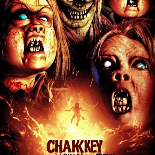 Prompt: Chucky versus Zombies movie poster
