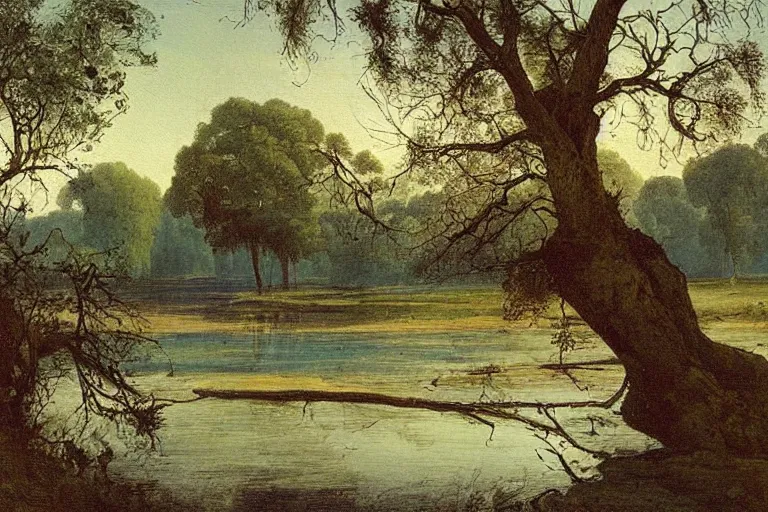 Image similar to painting of a old tree next to a meandering river by alexei savrasov