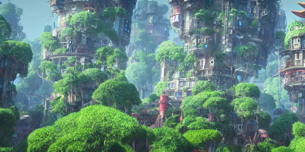 Prompt: future city covered by forest creature, flying, culture, smooth, howl's moving castle, by studio ghibli, makoto shinkai, 4 k, unreal engine