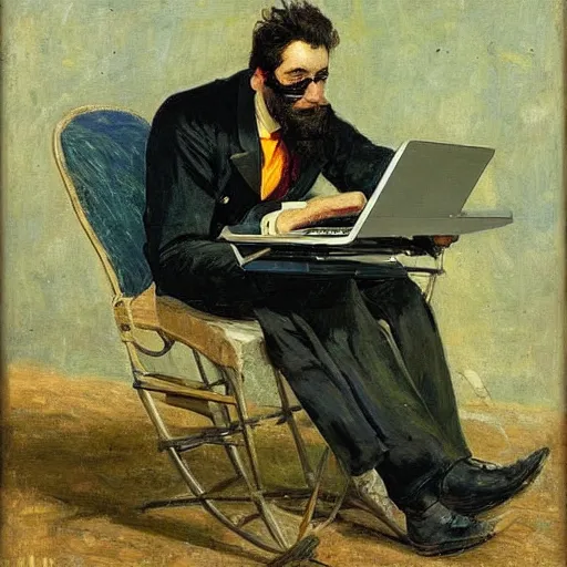 Prompt: a man on a motorcycle programming on a laptop computer. in style of ilya repin