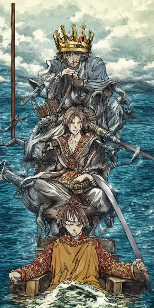 Prompt: a single lone king sitting on a throne floating on water in the middle of a lake drawn by Makoto Yukimura in the style of Vinland saga anime, full color, detailed,