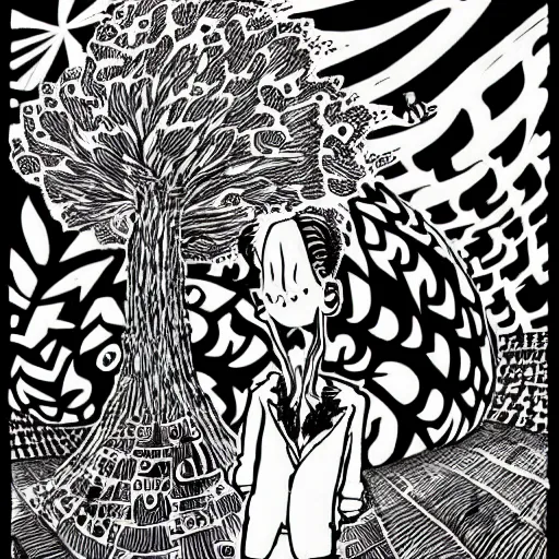 Prompt: black and white trippy comic art of a guy selling trees, lots of leaves, drawn by Martin Rowson, Tim Burton, Studio Ghibli, Alex Pardee, Nekro Petros Afshar, James McDermott, cgsociety 4K