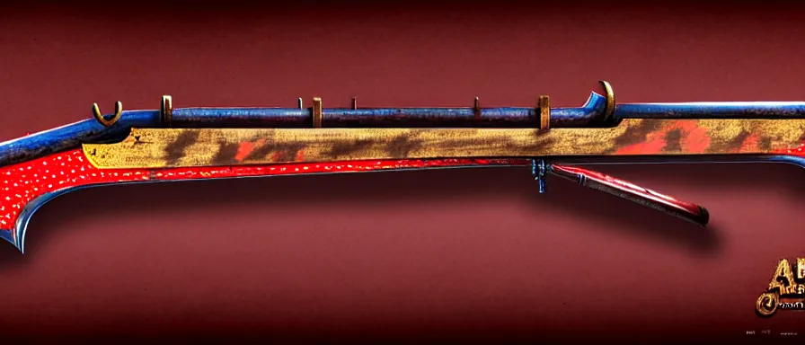 Image similar to a magical antique sawed - off double - barreled shotgun made from glossy red - painted wood and elements of gold metalwork, video game concept art