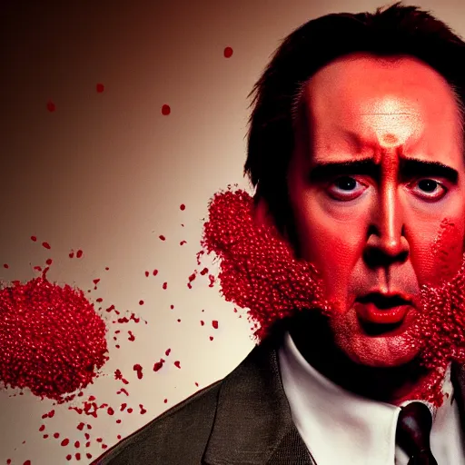 Image similar to nic cage screaming while covered from head to toe in red bees, award winning portrait