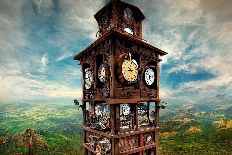 Image similar to the impossible clock tower on the top of a mountain, steampunk art, digital art, wide angle view