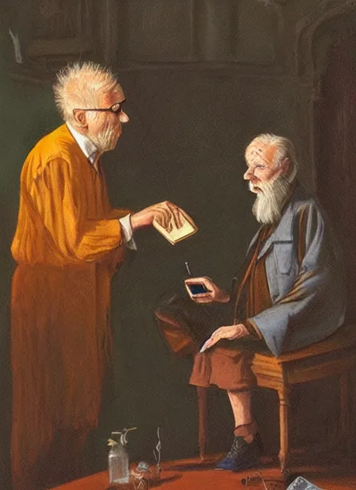 Image similar to a kind old British scientist is teaching his protégée about alchemy and magic from a mysterious orange book. The book has a glowing vial 🧪 on the cover.