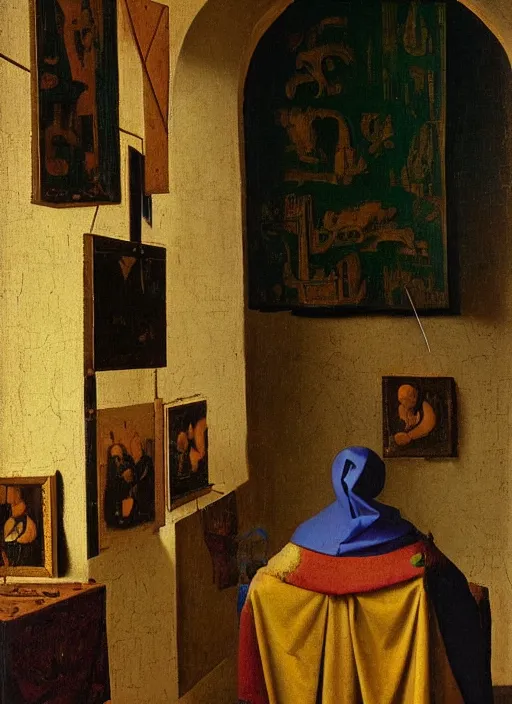 Image similar to paints, brushes, medieval painting by jan van eyck, johannes vermeer, florence