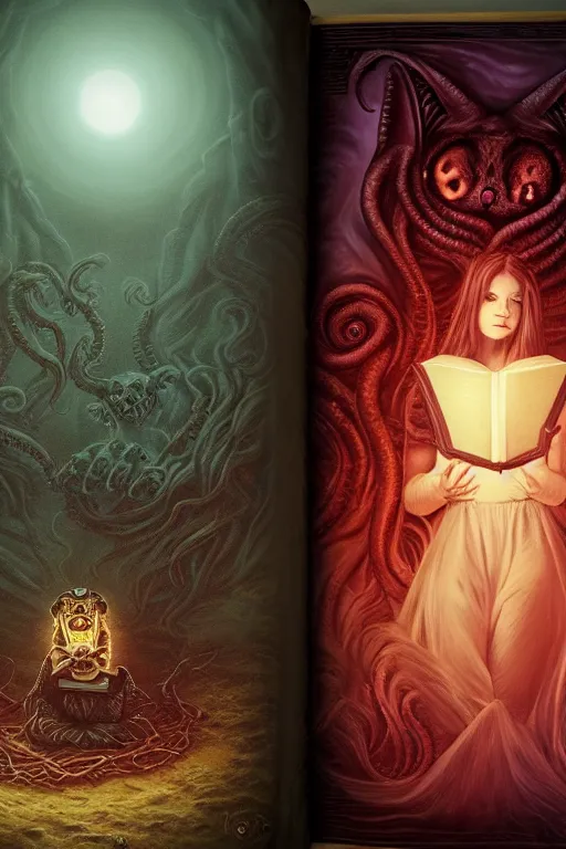 Image similar to romantic photo of bright girl, her cat and her book of necronomicon, symmetrical, cinematic, real dlsr photography, sharp focus, 4 k, ultra hd, sense of awe, sinister demonic atmosphere, dreadful, forbidden knowledge, old gods, cthulhu, yog - sothoth! yah, yah, yah! cultist journal cover