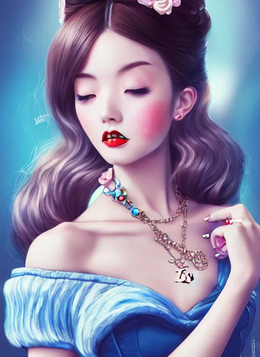 Image similar to a pin up and beautiful fashion dreamlke japan girl with lv jewelry, character art, art by artgerm, wlop, loish, hyperdetailed, 8 k realistic, symmetrical, global illumination, radiant light, frostbite 3 engine, cryengine, dof, trending on artstation, digital art, chanel, dior, detailed background