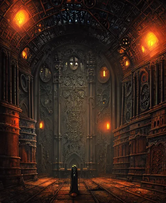 Image similar to steam necropolis, memento mori, gothic, neo - gothic, art nouveau, hyperdetailed copper patina medieval icon, stefan morrell, philippe druillet, ralph mcquarrie, concept art, steampunk, unreal engine, detailed intricate environment, octane render, moody atmospherics, volumetric lighting, ultrasharp, ominous, otherworldly