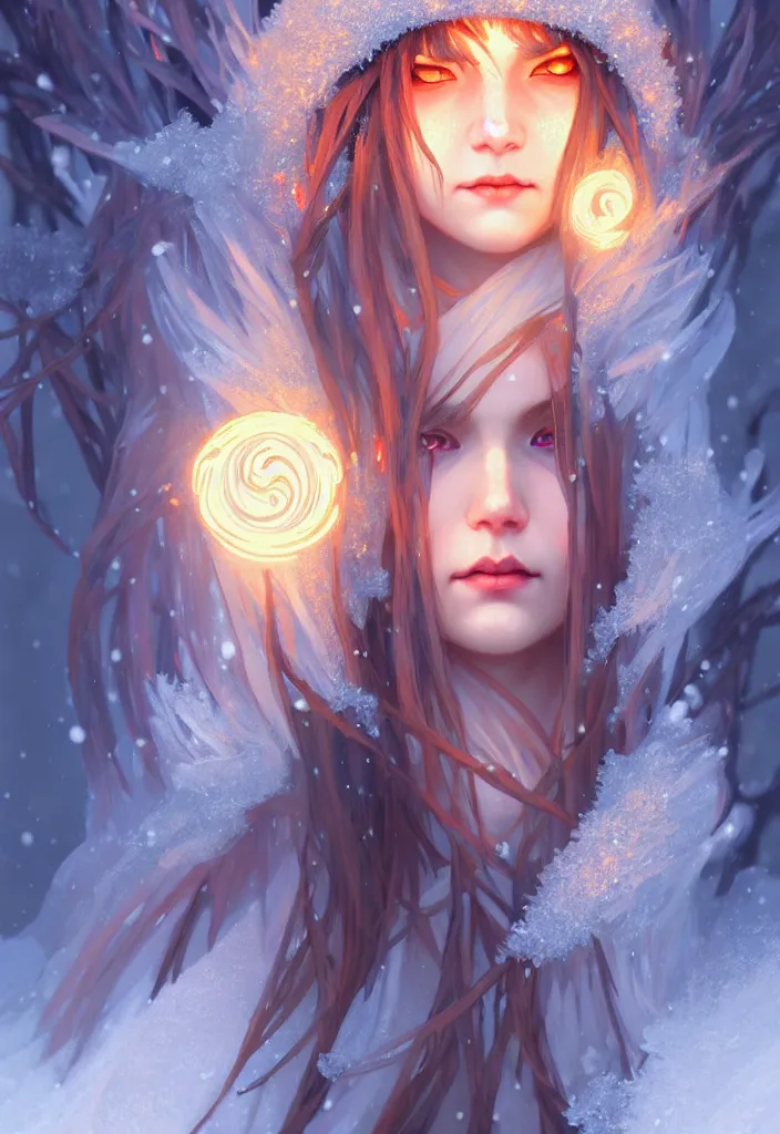 Image similar to beautiful ancient frost witch, eye fire, snow glow, snowfall, highly detailed, digital painting, artstation, sharp focus, illustration, art by tan zi and ayanamikodon and alphonse mucha and wlop