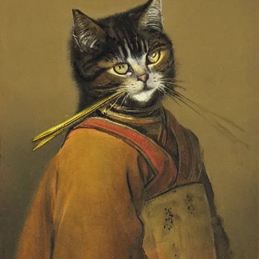 Prompt: an oil painting of a cat samurai in Japanese armour, by Rembrandt