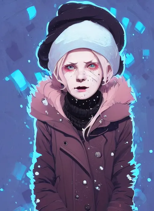 Image similar to highly detailed portrait of a sewer punk lady student, blue eyes, winter jacket, hat, white hair by atey ghailan, by greg rutkowski, by greg tocchini, by james gilleard, by joe fenton, by kaethe butcher, gradient pink, black, brown and light blue color scheme, grunge aesthetic!!! ( ( snowy graffiti tag wall background ) )