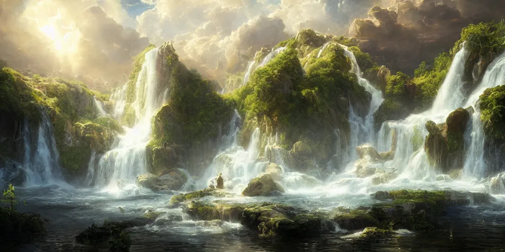 Prompt: creation of the world and heaven with a river of the water of life, clear as crystal, flowing from the throne of god and of the lamb by daniel f. gerhartz and matt stewart and thomas cole, fantasy, photorealistic, octane render, unreal engine, dynamic lighting