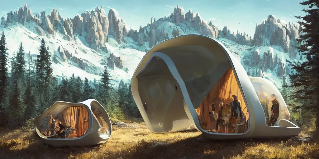 Image similar to cabela's beautiful comfortable futuristic pop up insulated all terrain family pod, cabin, modular, person in foreground, mountainous forested wilderness open fields, beautiful views, painterly concept art, joanna gaines, environmental concept art, farmhouse, magnolia, concept art illustration by ross tran, by james gurney, by craig mullins, by greg rutkowski trending on artstation