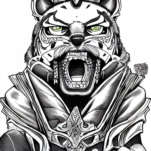 Prompt: anthropomorphic tiger warlord sit on his throne in the style of Akira Toriyama, digital art, detailed, stylized, full body portrait