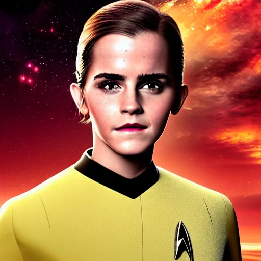 Image similar to a full body portrait of emma watson as a star fleet officer from star trek next generation, ultra rendered extreme realism and detail, 8 k, highly detailed, realistic, completely framed, hyper realistic, colorful, direct lighting, 3 5 mm photo, photorealistic, sharp focus