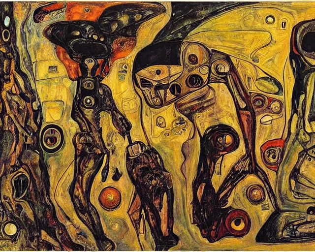 Image similar to a painting of a aliens and robots by graham sutherland, egon schiele, gustav klimt!, expressionism