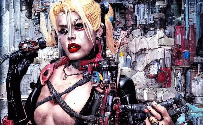 Image similar to a dream portrait of cyberpunk Harley Quinn in post apocalyptic Gotham art by Paul Dini, Travis Charest, Simon Bisley