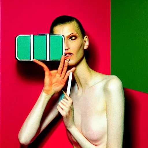 Prompt: a studio close - up portrait of a beautiful fashion model talking on a brick phone. surreal photograph, lo - fi, polished look, silly and serious, hermes ad, fashion photography, toiletpaper magazine by pierpaolo ferrari and maurizio cattelan, 3 5 mm photograph, colourful, by pierpaolo ferrari, maurizio cattelan, david lachapelle