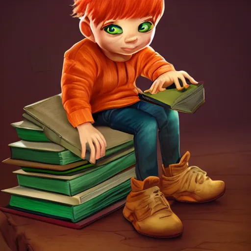 Prompt: diminutive young man sitting on a huge book. The man is two inches tall and redhead. The book is closed, with a green cover. Digital realistic detailed art trending in Artstation.