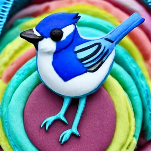 Prompt: A photograph of a (photorealistic blue jay) standing on a large basket of rainbow macarons.