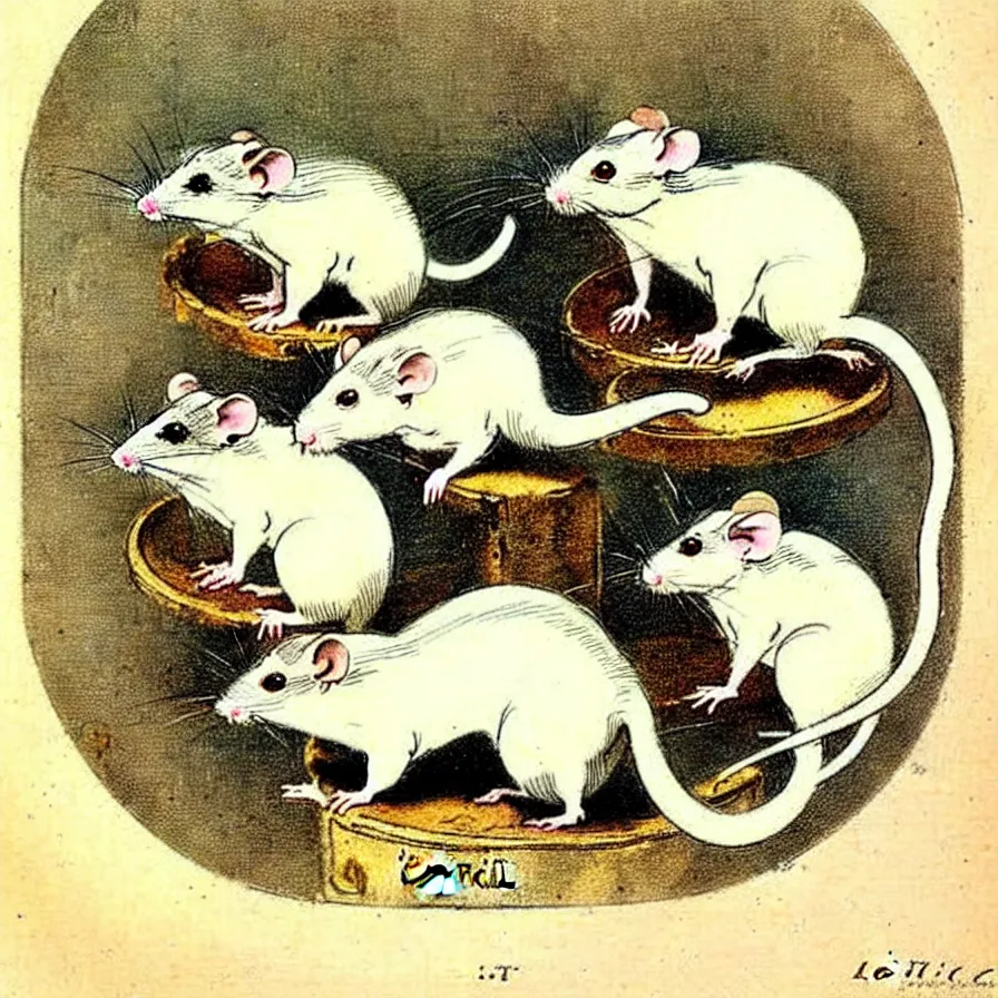 Image similar to Louis Icart, an old colored drawing of adorable little pet rats by Louis Icart, highly detailed, center weighed composition, masterpiece