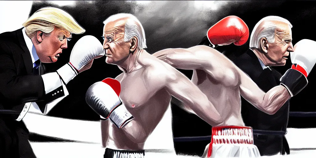 Image similar to donald trump and joe biden in a boxing match, sharp focus, matte painting, illustration, concept art,