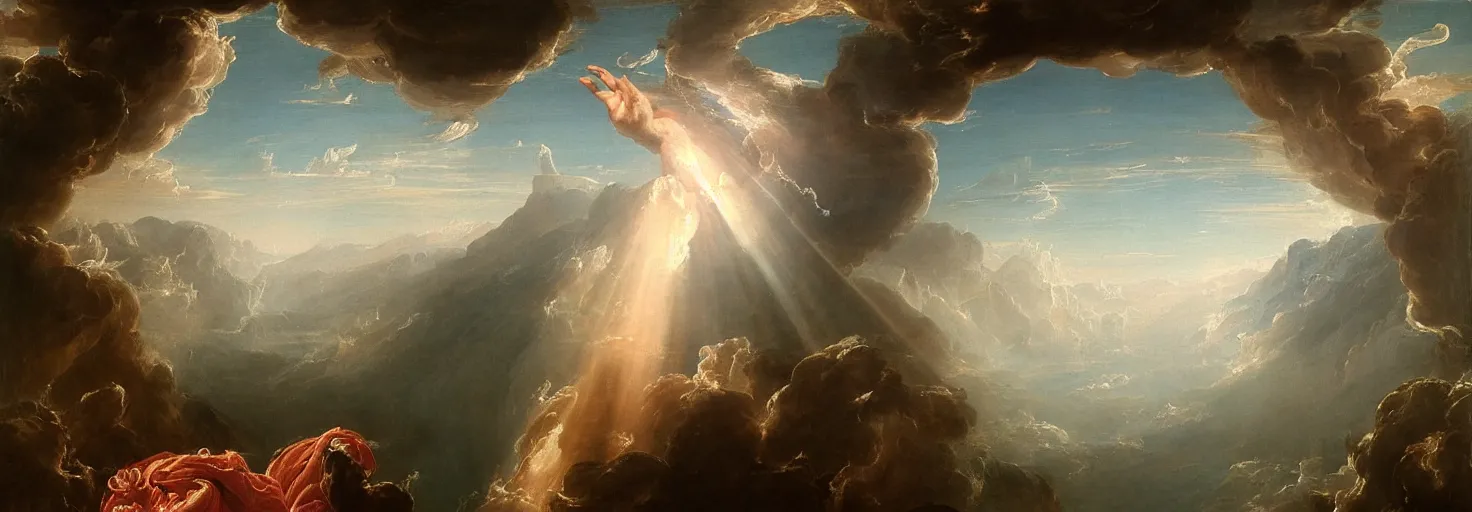 Image similar to a painting of a hand descending from the clouds demand payment for daily existence, in the style of an epic Thomas Cole painting