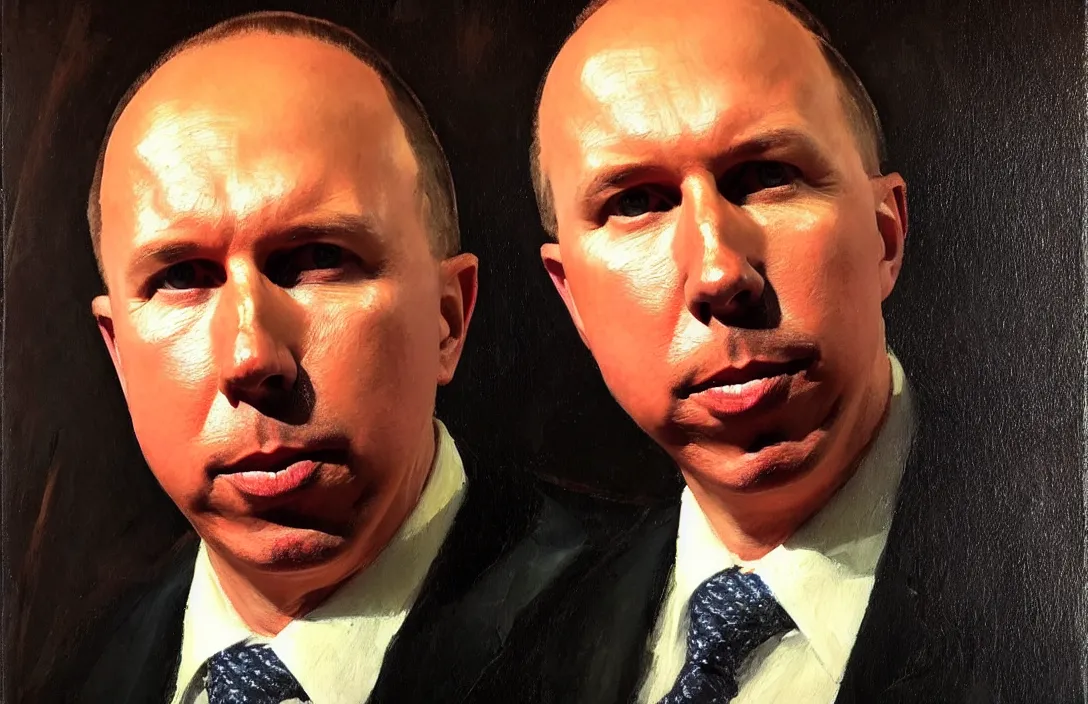 Image similar to portrait of peter dutton australian politician!!!!!!!!!!!!!!!!!!!!!!!!!!!, detailed face, detailed painting, epic lighting, by ilya repin, phil hale and kent williams