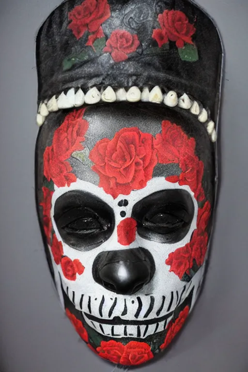 Image similar to vintage 35mm photo portrait of a man wearing a traditional day of the dead masks in the style of Jason Edmiston