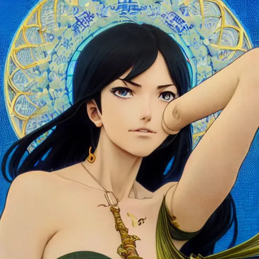 Image similar to highly detailed vfx portrait of nico robin by eiichiro oda, makoto shinkai, alphonse mucha, sharp focus, art by artgerm and greg rutkowski!, backlit, harsh overhead sunlight, blue eyes, aquiline nose, stanley kybric, kaoru mori, hyper detailed, smooth pixiv, fanbox,