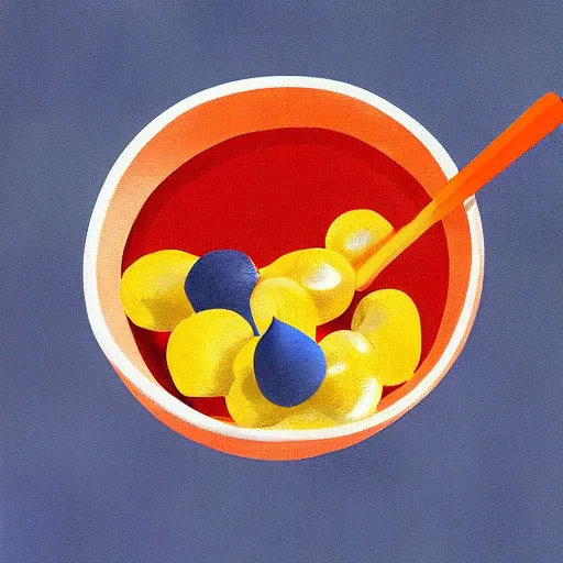 Image similar to boiling imagination in a bowl, super cute, ultra detailed, digital painting, dark blue, yellow, orange, red